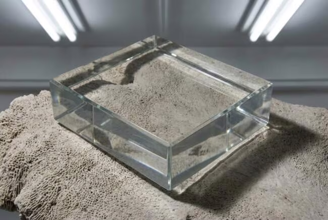Толстый прозрачный стеклянный блок лежит на бледной пористой поверхности под резким холодным светом.
