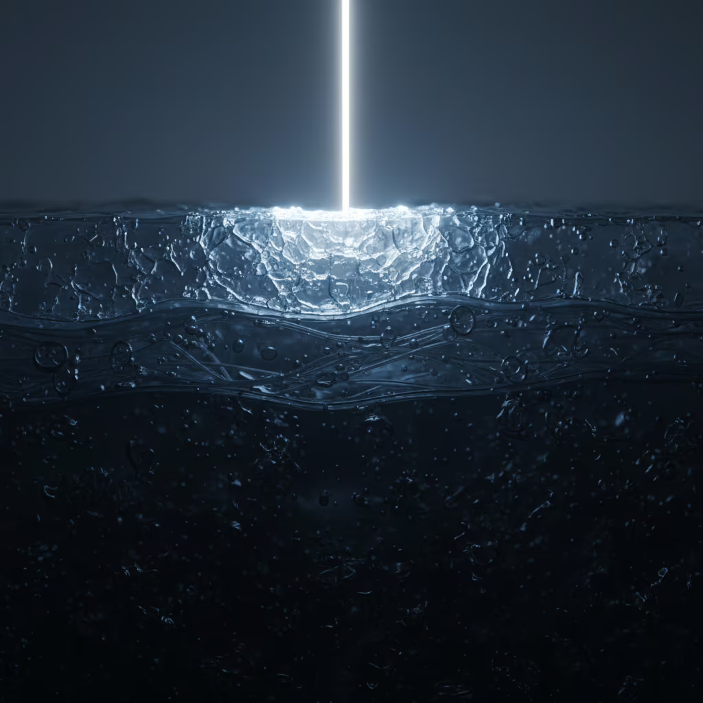 Луч света падает на прозрачный блок и рассеивается на поверхности, не проникая внутрь