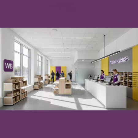 Современный интерьер пункта выдачи заказов Wildberries 2026 года с фирменным дизайном, светлыми стенами и профессиональным оборудованием — как открыть ПВЗ Wildberries с учетом новых требований к площади и оформлению