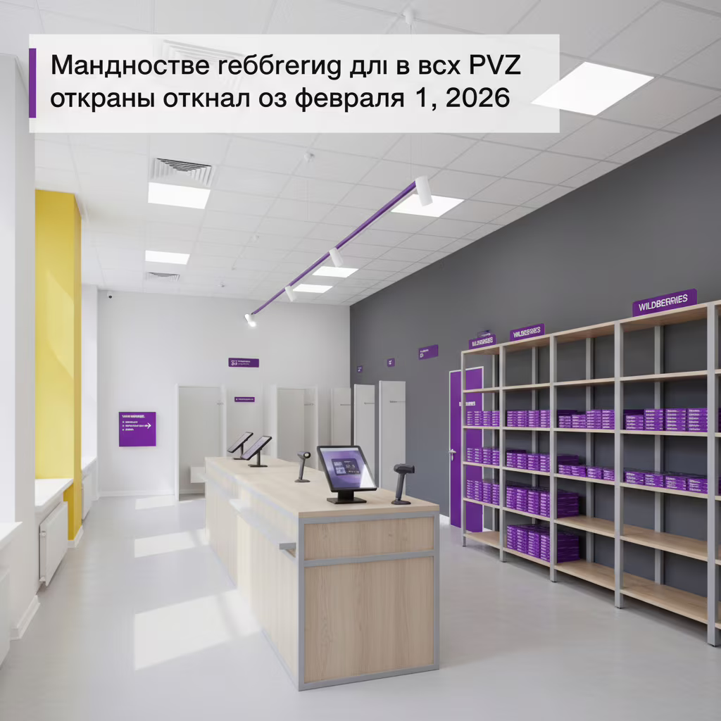 Современный дизайн ПВЗ: новый брендбук Wildberries 2026 — фотореалистичный интерьер пункта выдачи заказов с зоной ресепшн, примерочными кабинами, стеллажами для товаров и навигацией в светлых тонах с фиолетовыми акцентами бренда