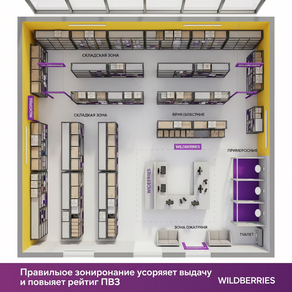 Схема зонирования ПВЗ Wildberries: план помещения с выделенными складской зоной (70% площади), зоной выдачи с ресепшн, примерочными кабинами и зоной ожидания — Зонирование ПВЗ: как организовать складскую и клиентскую зоны