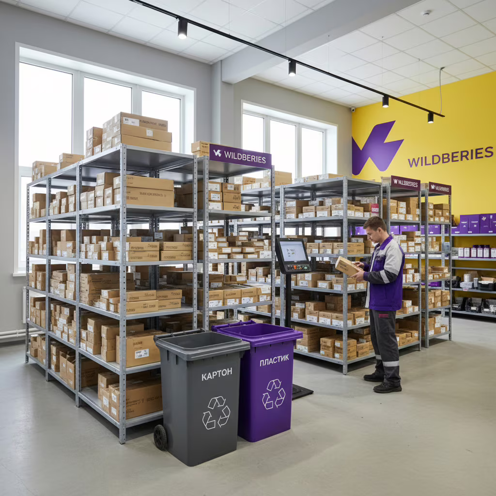 Современный склад пункта выдачи Wildberries в Санкт-Петербурге с усиленными 5-ярусными стеллажами, сотрудником с ТСД-сканером и организованной зоной раздельного сбора отходов — Эргономика складской зоны по стандартам 2026