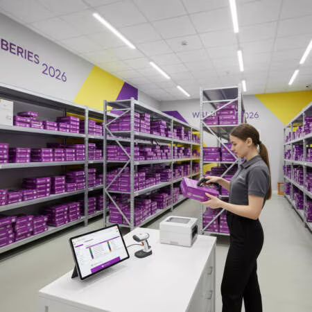 Современный склад ПВЗ с профессиональным оборудованием: ТСД-сканер, стеллажи с посылками Wildberries, система видеонаблюдения и рабочее место оператора — полный список оборудования для склада ПВЗ 2026 года