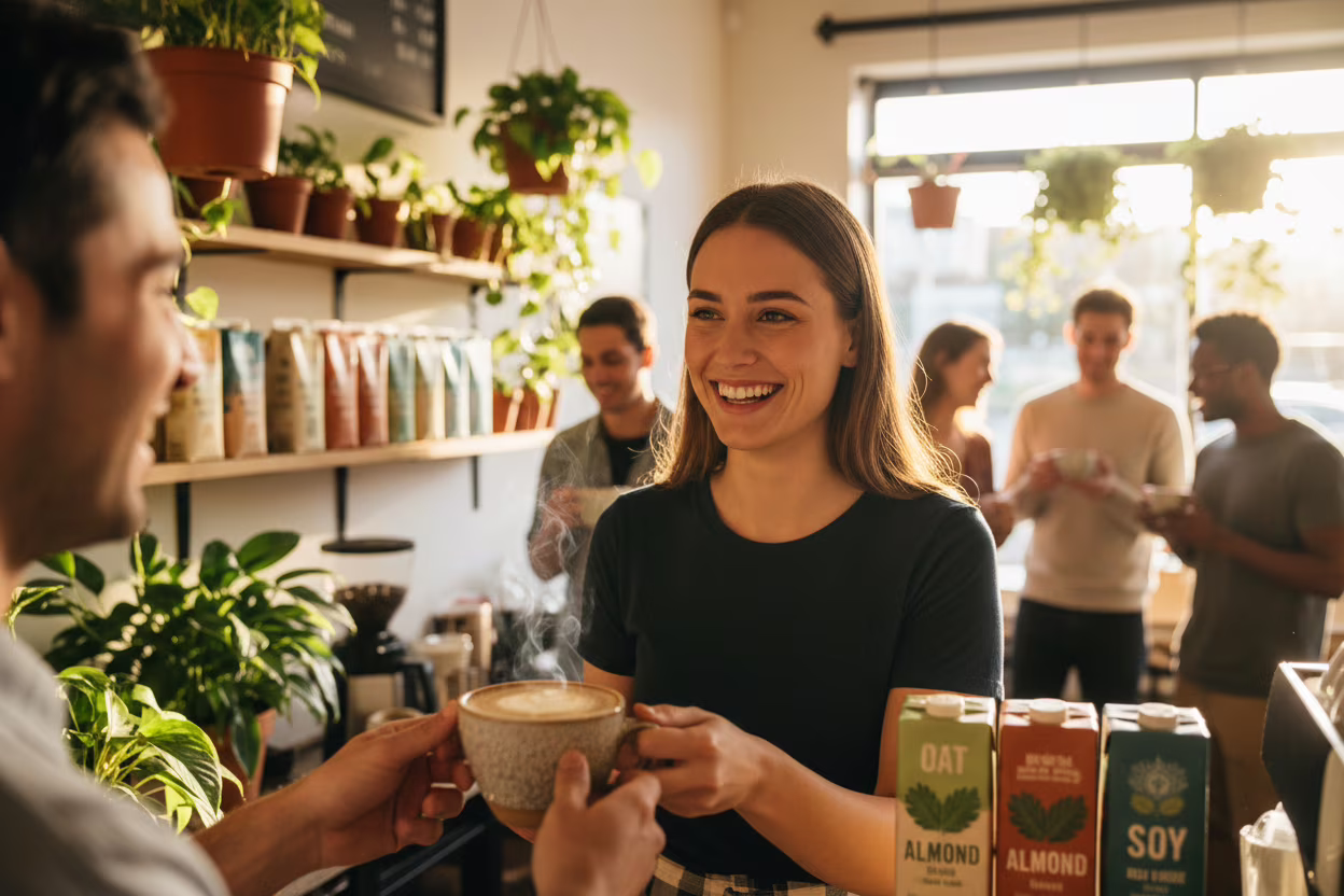 Бариста подает чашку кофе клиенту в уютной кофейне с акцентом на локальный и растительный тренд