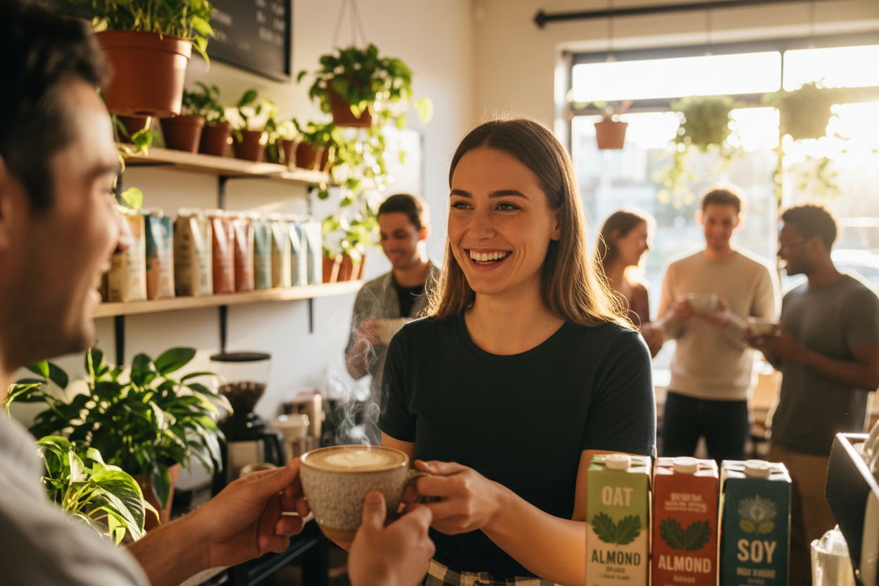 Бариста подает чашку кофе клиенту в уютной кофейне с акцентом на локальный и растительный тренд