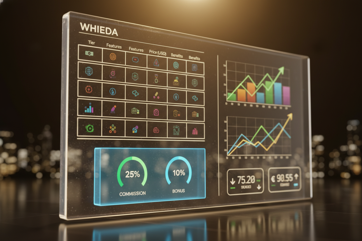 Инфографика с данными о пакетах партнерства WHIEDA, комиссиях и валютных курсах