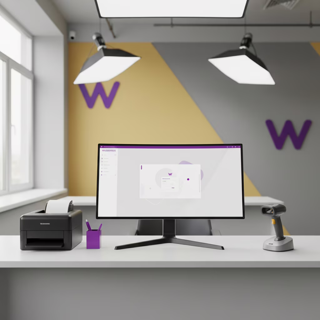 3D-схема современного склада ПВЗ Wildberries площадью 30 кв.м с зонированием: приемка товара с ТСД-сканером, зона хранения на негорючих стеллажах и участок видеонаблюдения — эргономика современного склада ПВЗ с акцентом на пожарную безопасность