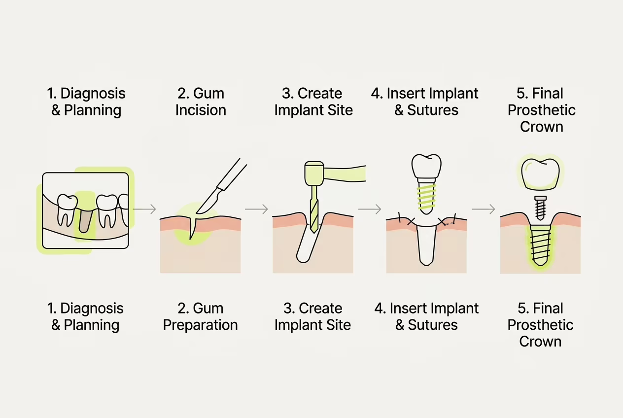 Схема этапов установки зубного импланта